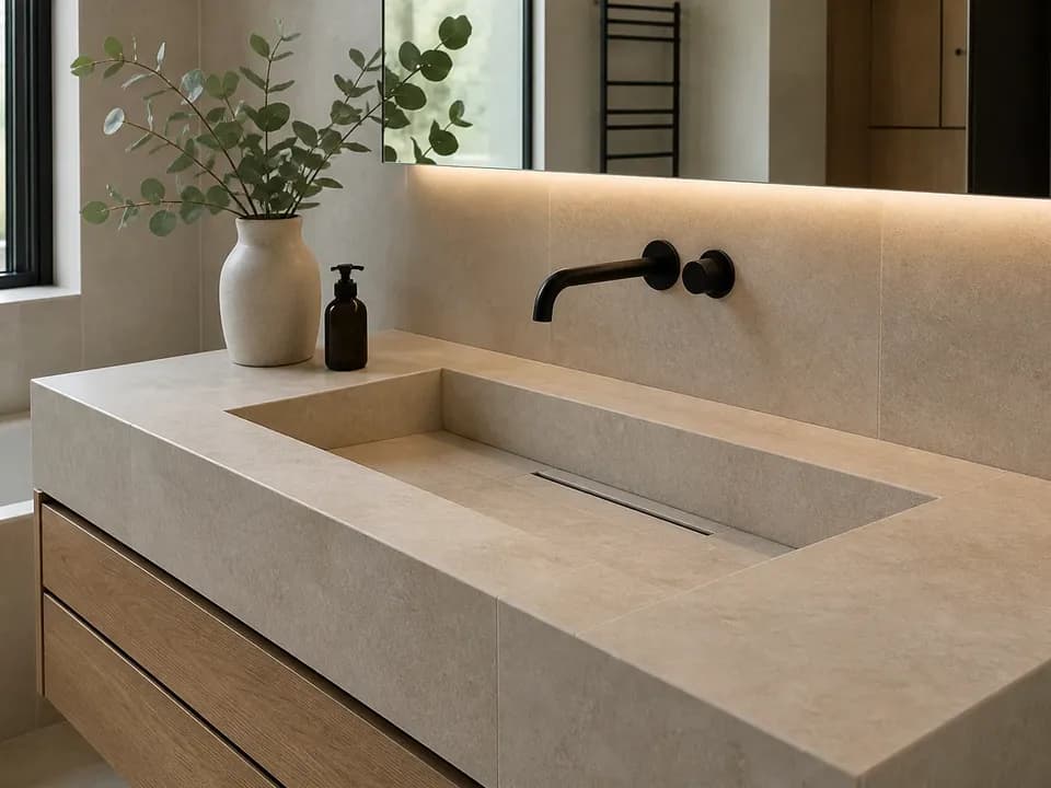 Individuali kriauklė iš didelio formato šviesių plytelių